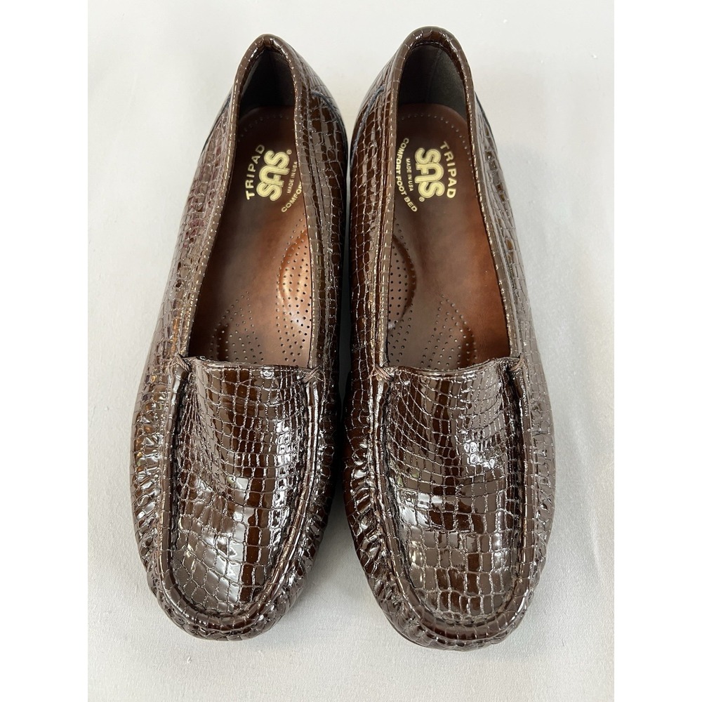 SAS Women's Dark Brown Croc-Embossed Slip-On Loafers